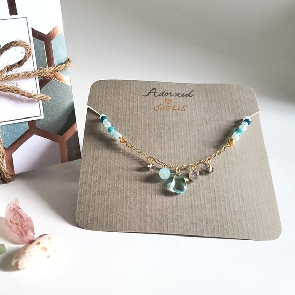 Beaded Chain Necklace Aqua Blue Crystals & Charms, Stainless Steel Heart Jewelry - Picture 6 of 9